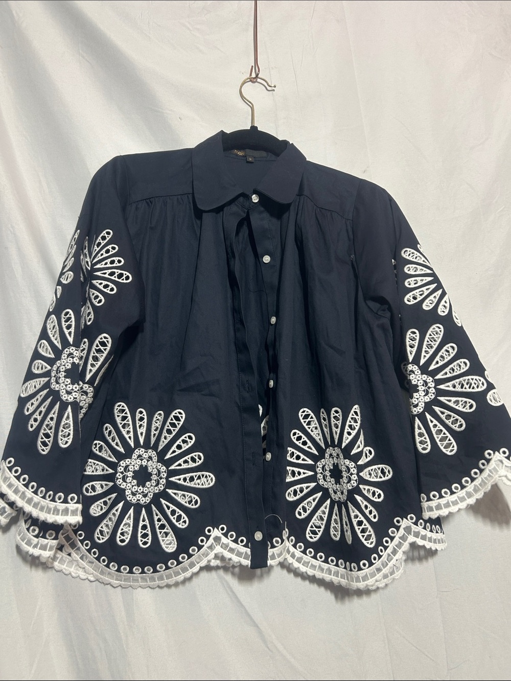 Maje Navy Cotton Button-Front Tunic with White Eyelet Embroidery